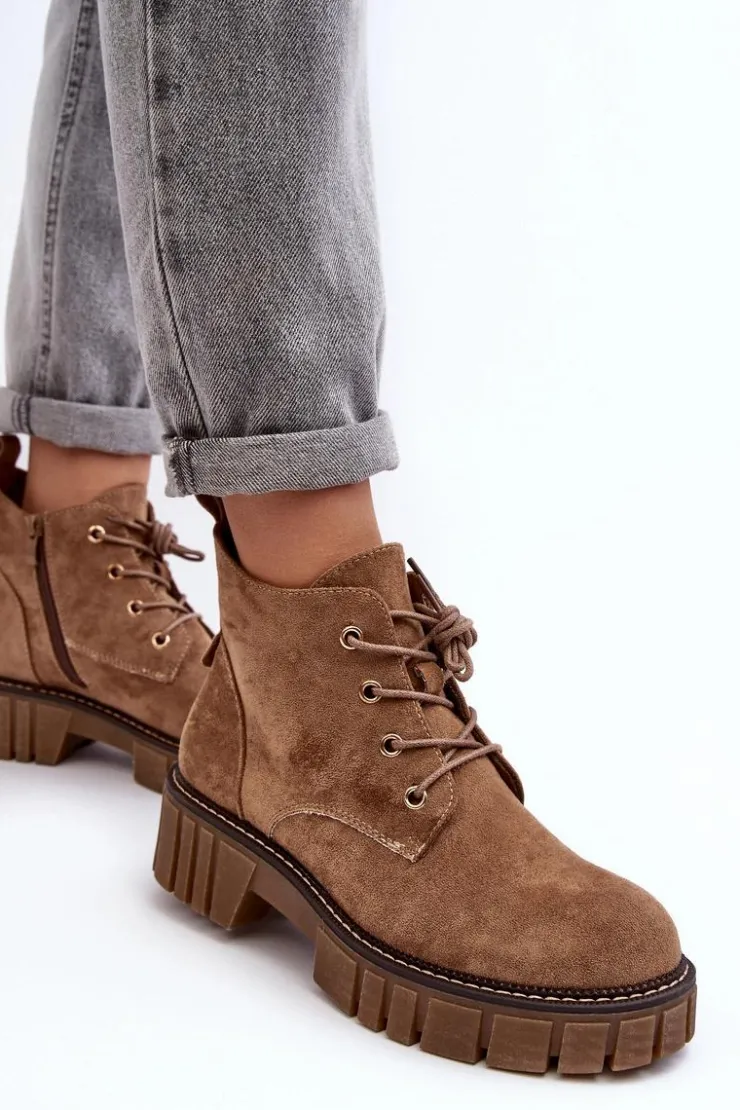 Outlet Buty Sergio Leone Zamszowe Ocieplane Botki Sznurowane Ciemnobeżowe Bjorg