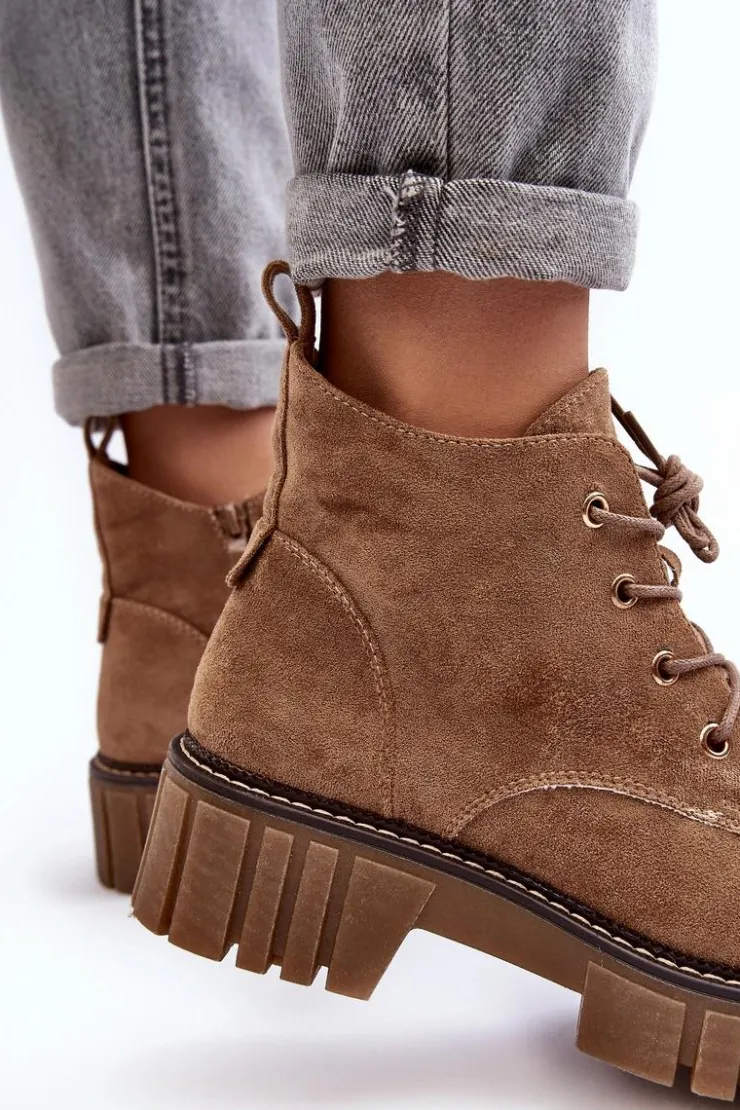 Outlet Buty Sergio Leone Zamszowe Ocieplane Botki Sznurowane Ciemnobeżowe Bjorg