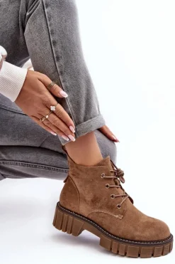 Outlet Buty Sergio Leone Zamszowe Ocieplane Botki Sznurowane Ciemnobeżowe Bjorg