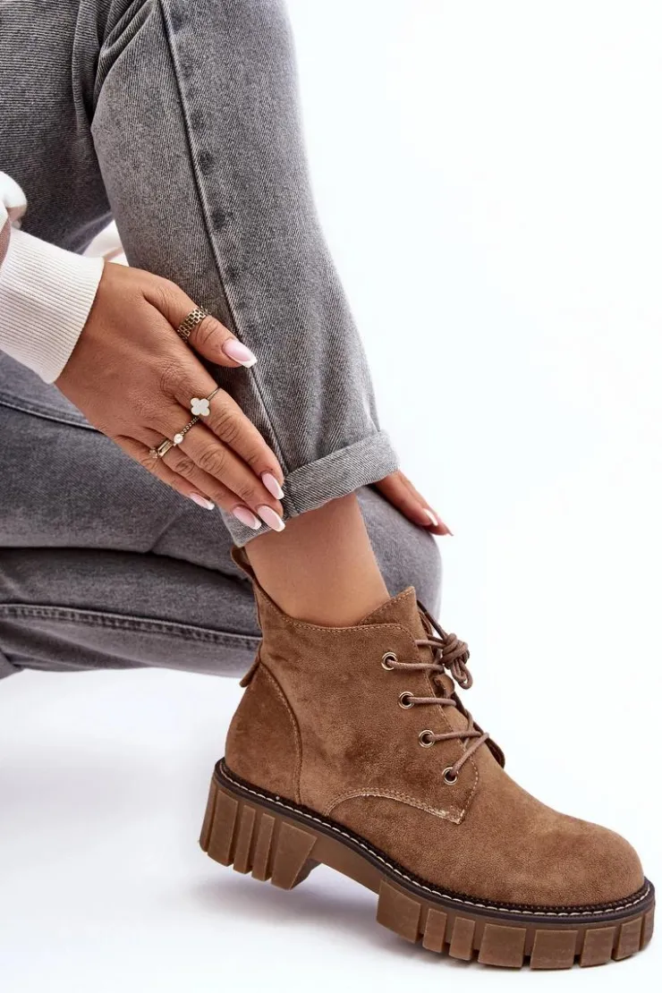 Outlet Buty Sergio Leone Zamszowe Ocieplane Botki Sznurowane Ciemnobeżowe Bjorg