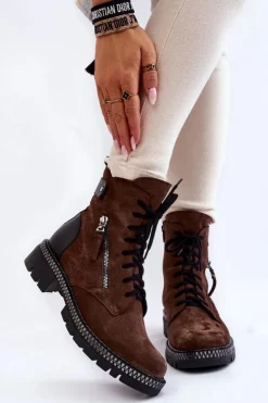 Laura Messi Botki Skórzane|Botki Sznurowane*Zamszowe Ocieplane Botki 2508 Brązowe