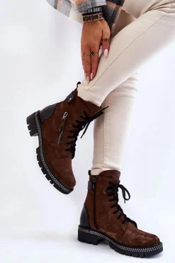 Laura Messi Botki Skórzane|Botki Sznurowane*Zamszowe Ocieplane Botki 2508 Brązowe