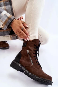 Laura Messi Botki Skórzane|Botki Sznurowane*Zamszowe Ocieplane Botki 2508 Brązowe