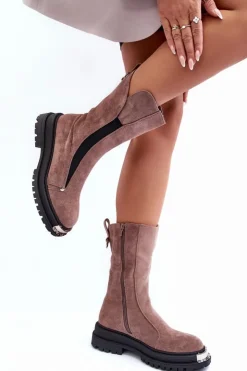 Damskie Boto Zamszowe Ocieplane Botki Na Płaskim Obcasie Ciemnobeżowe Palimra