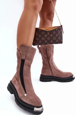 Damskie Boto Zamszowe Ocieplane Botki Na Płaskim Obcasie Ciemnobeżowe Palimra