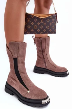 Damskie Boto Zamszowe Ocieplane Botki Na Płaskim Obcasie Ciemnobeżowe Palimra