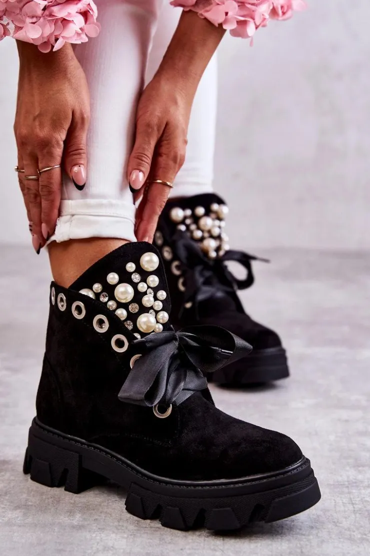 Damskie Boto Zamszowe Ocieplane Botki Z Perłami Czarne Roco