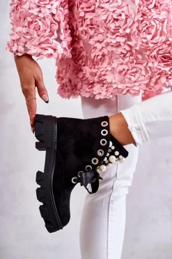 Damskie Boto Zamszowe Ocieplane Botki Z Perłami Czarne Roco