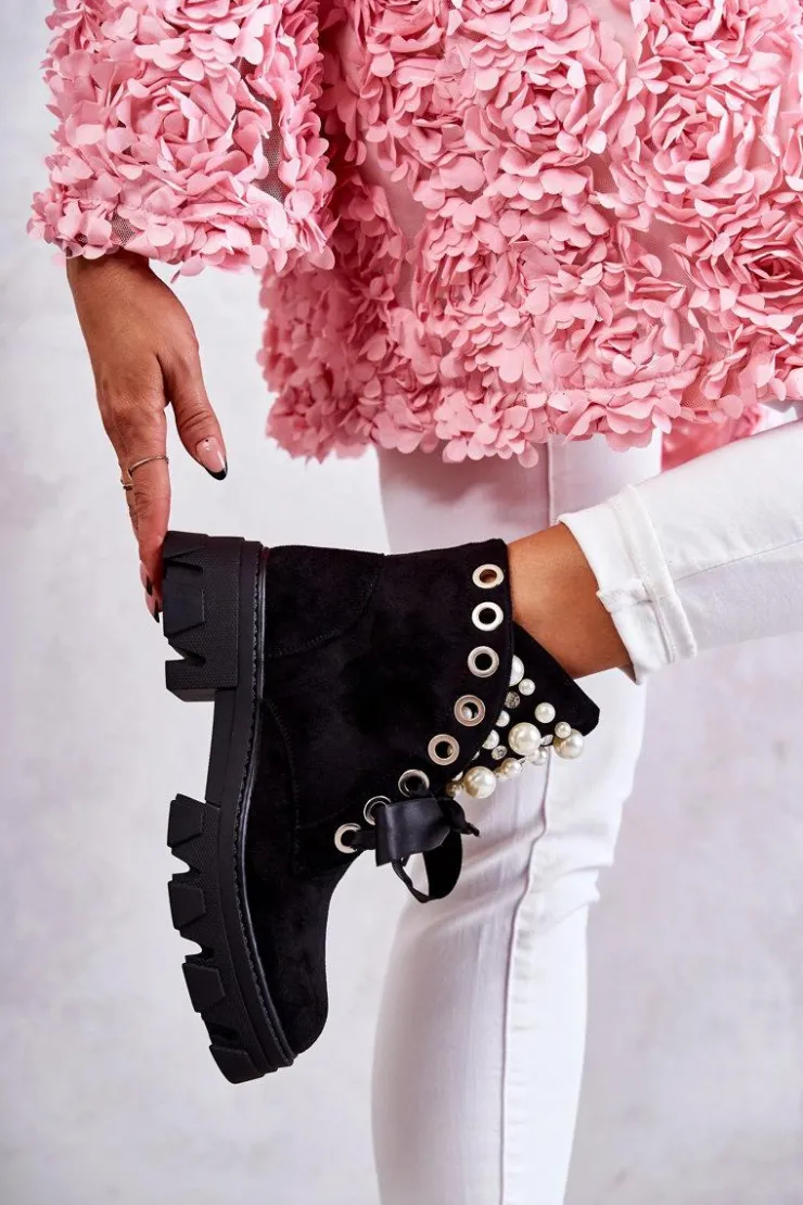 Damskie Boto Zamszowe Ocieplane Botki Z Perłami Czarne Roco