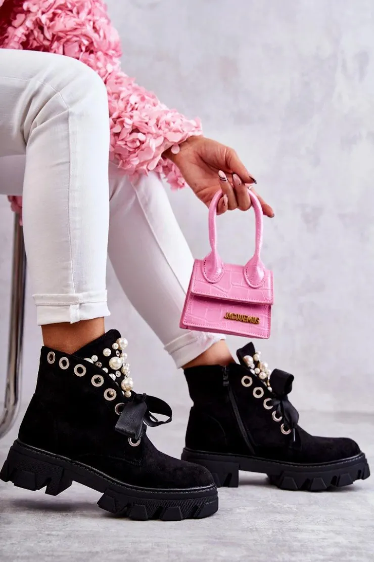 Damskie Boto Zamszowe Ocieplane Botki Z Perłami Czarne Roco