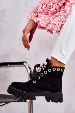 Damskie Boto Zamszowe Ocieplane Botki Z Perłami Czarne Roco