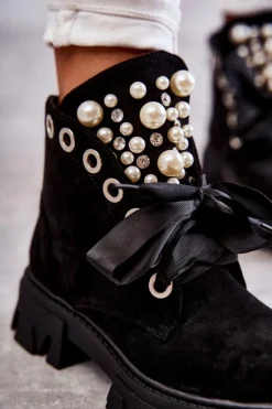 Damskie Boto Zamszowe Ocieplane Botki Z Perłami Czarne Roco