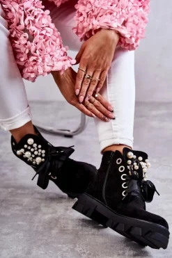 Damskie Boto Zamszowe Ocieplane Botki Z Perłami Czarne Roco