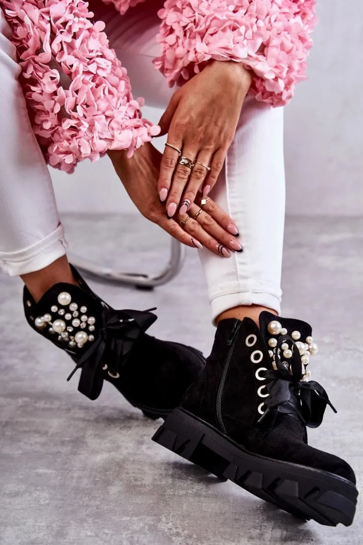 Damskie Boto Zamszowe Ocieplane Botki Z Perłami Czarne Roco