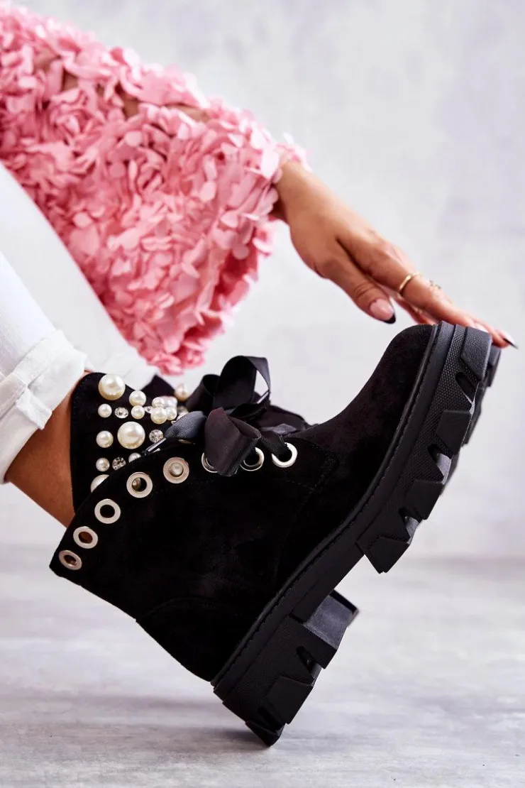 Damskie Boto Zamszowe Ocieplane Botki Z Perłami Czarne Roco