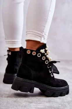 Damskie Boto Zamszowe Ocieplane Botki Z Perłami Czarne Roco