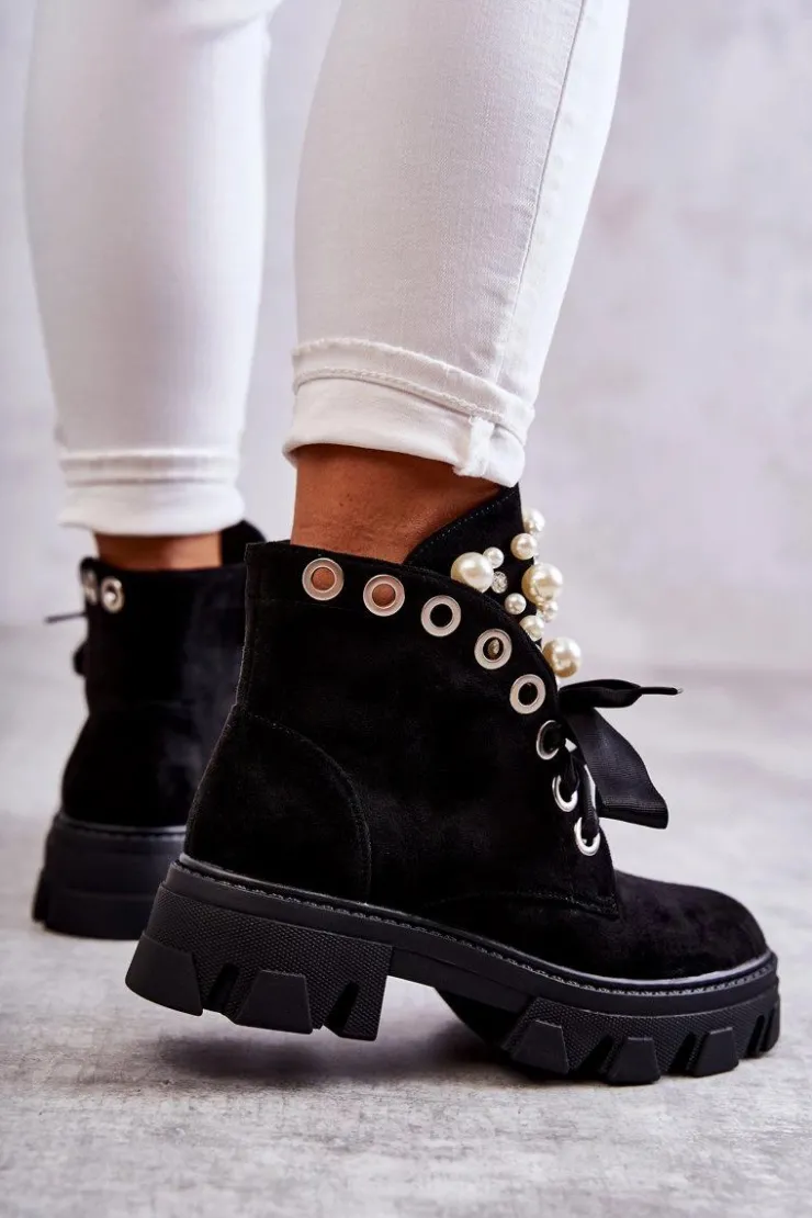 Damskie Boto Zamszowe Ocieplane Botki Z Perłami Czarne Roco