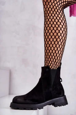 Boto Czarne Botki|Botki Zimowe Damskie*Zamszowe Ocieplane Botki Workery Na Płaskim Obcasie Czarne Salome