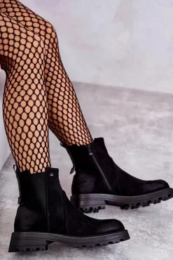 Boto Czarne Botki|Botki Zimowe Damskie*Zamszowe Ocieplane Botki Workery Na Płaskim Obcasie Czarne Salome