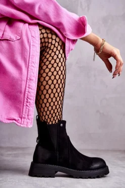 Boto Czarne Botki|Botki Zimowe Damskie*Zamszowe Ocieplane Botki Workery Na Płaskim Obcasie Czarne Salome