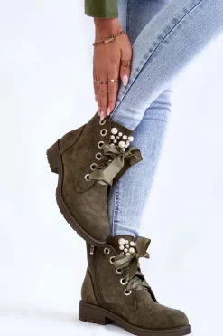 Discount Boto Zamszowe Ocieplane Botki Na Suwak Z Perłami Zielone Raiso