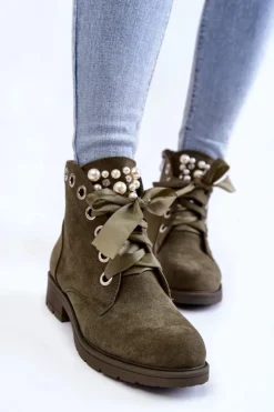Discount Boto Zamszowe Ocieplane Botki Na Suwak Z Perłami Zielone Raiso