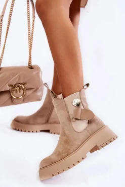 Damskie Boto Zamszowe Ocieplane Botki Workery Ciemnobeżowe Magnis