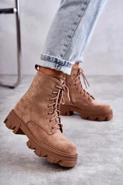 Boto Damskie Trapery|Botki Sznurowane*Zamszowe Ocieplane Botki Workery Brązowe Darvin