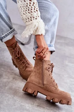 Boto Damskie Trapery|Botki Sznurowane*Zamszowe Ocieplane Botki Workery Brązowe Darvin