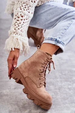 Boto Damskie Trapery|Botki Sznurowane*Zamszowe Ocieplane Botki Workery Brązowe Darvin
