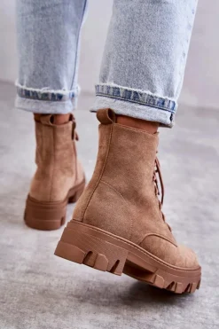 Boto Damskie Trapery|Botki Sznurowane*Zamszowe Ocieplane Botki Workery Brązowe Darvin