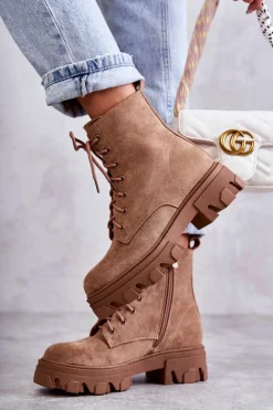 Boto Damskie Trapery|Botki Sznurowane*Zamszowe Ocieplane Botki Workery Brązowe Darvin