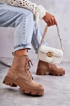 Boto Damskie Trapery|Botki Sznurowane*Zamszowe Ocieplane Botki Workery Brązowe Darvin