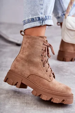 Boto Damskie Trapery|Botki Sznurowane*Zamszowe Ocieplane Botki Workery Brązowe Darvin