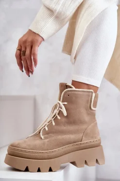 Damskie Boto Zamszowe Ocieplane Botki Sznurowane Beżowe Lemar Elisabeth