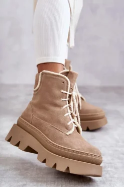 Damskie Boto Zamszowe Ocieplane Botki Sznurowane Beżowe Lemar Elisabeth