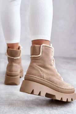 Damskie Boto Zamszowe Ocieplane Botki Sznurowane Beżowe Lemar Elisabeth