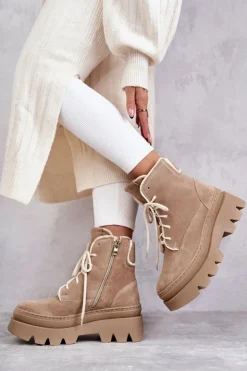 Damskie Boto Zamszowe Ocieplane Botki Sznurowane Beżowe Lemar Elisabeth