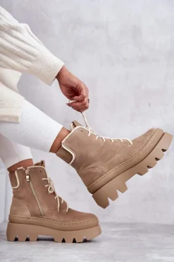 Damskie Boto Zamszowe Ocieplane Botki Sznurowane Beżowe Lemar Elisabeth