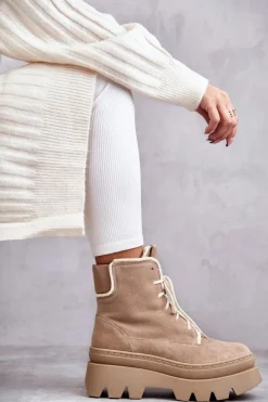 Damskie Boto Zamszowe Ocieplane Botki Sznurowane Beżowe Lemar Elisabeth
