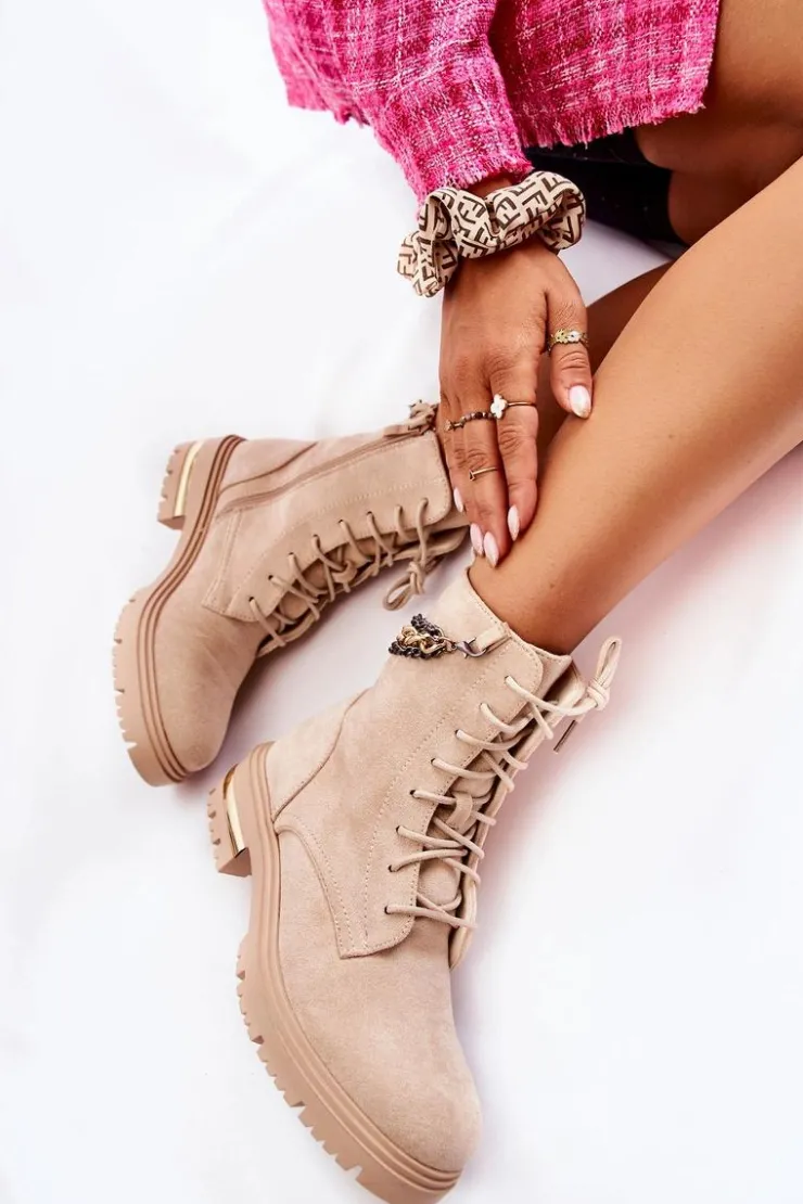 Hot Boto Zamszowe Ocieplane Botki Z Łańcuchem Beżowe Sorita