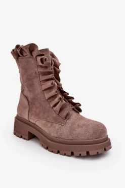 Boto Botki Zimowe Damskie|Brązowe I Beżowe Botki*Zamszowe Ocieplane Botki Workery Na Płaskim Obcasie Ciemnobeżowe Nacelle