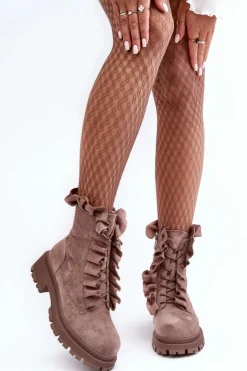 Boto Botki Zimowe Damskie|Brązowe I Beżowe Botki*Zamszowe Ocieplane Botki Workery Na Płaskim Obcasie Ciemnobeżowe Nacelle