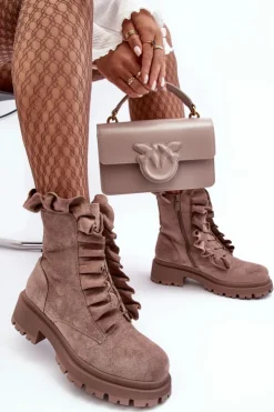 Boto Botki Zimowe Damskie|Brązowe I Beżowe Botki*Zamszowe Ocieplane Botki Workery Na Płaskim Obcasie Ciemnobeżowe Nacelle