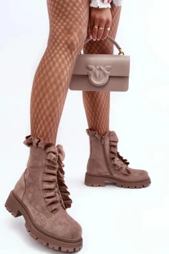 Boto Botki Zimowe Damskie|Brązowe I Beżowe Botki*Zamszowe Ocieplane Botki Workery Na Płaskim Obcasie Ciemnobeżowe Nacelle