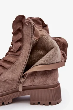 Boto Botki Zimowe Damskie|Brązowe I Beżowe Botki*Zamszowe Ocieplane Botki Workery Na Płaskim Obcasie Ciemnobeżowe Nacelle