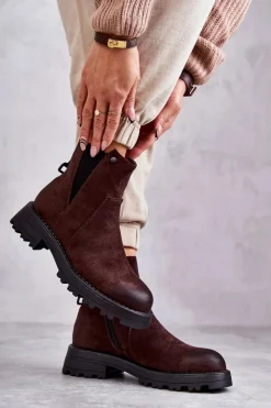 Damskie Boto Zamszowe Ocieplane Botki Workery Na Płaskim Obcasie Brązowe Salome