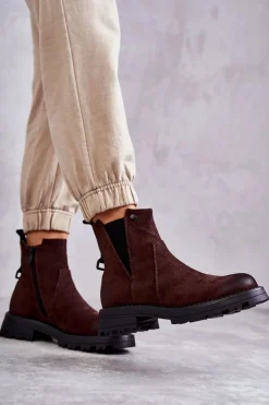 Damskie Boto Zamszowe Ocieplane Botki Workery Na Płaskim Obcasie Brązowe Salome