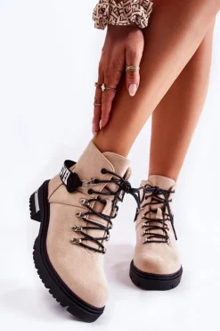 Boto Botki Ocieplane|Damskie Trapery*Zamszowe Ocieplane Botki Z Paskiem Beżowe Aurelio