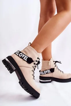 Boto Botki Ocieplane|Damskie Trapery*Zamszowe Ocieplane Botki Z Paskiem Beżowe Aurelio